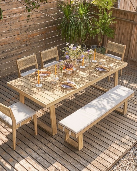 patio dining set, outdoor dining table, patio bench, wooden dining chairs, outdoor furniture, product demo, lifestyle, outdoor, calm, fresh, neutral, brown